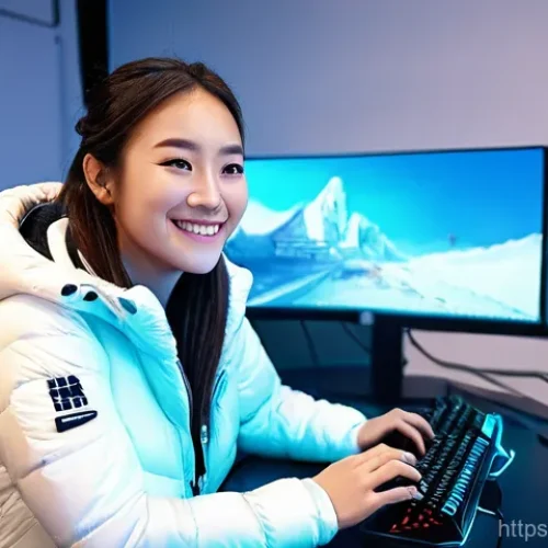 Home 20 화이트 아웃 서바이벌 트위치 방송 활용법 - A charismatic female streamer in her late 20s, with a warm smile, actively playing "Whiteout Surviva...